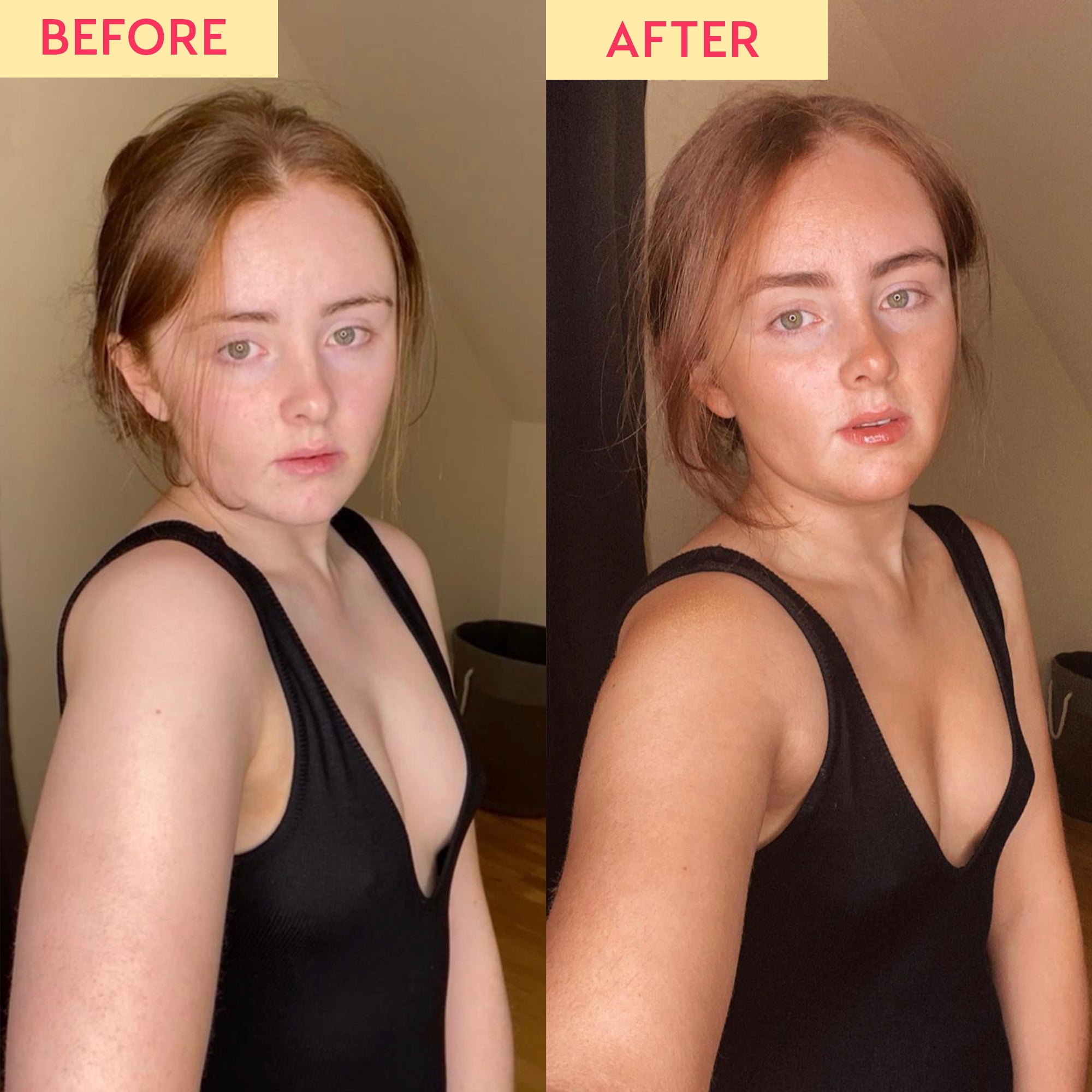 Before and after image of a woman in a black swimsuit. The before image shows pale skin and the after image shows a natural, medium tan as a result of using the He-Shi Express Liquid Tan.