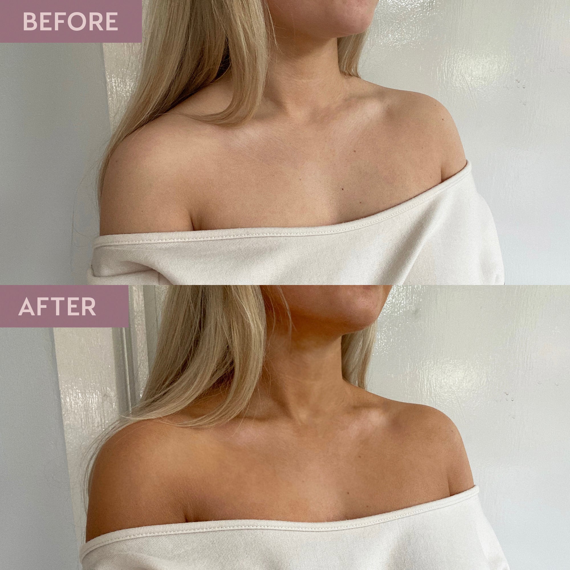 Before and after comparison of a woman wearing an off-shoulder white top.