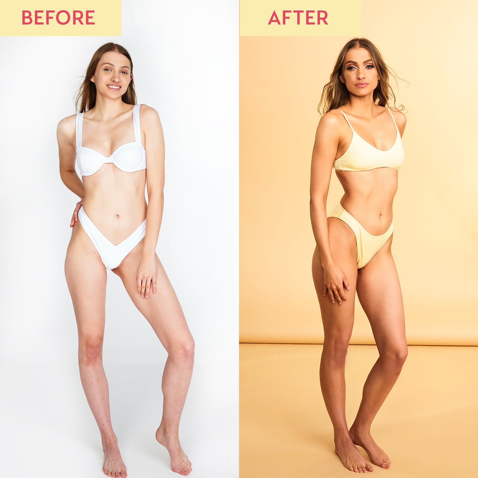 Before and after image of a model in a white bikini. The before image shows pale skin and the after image shows a natural, medium tan as a result of using the He-Shi Express Liquid Tan.