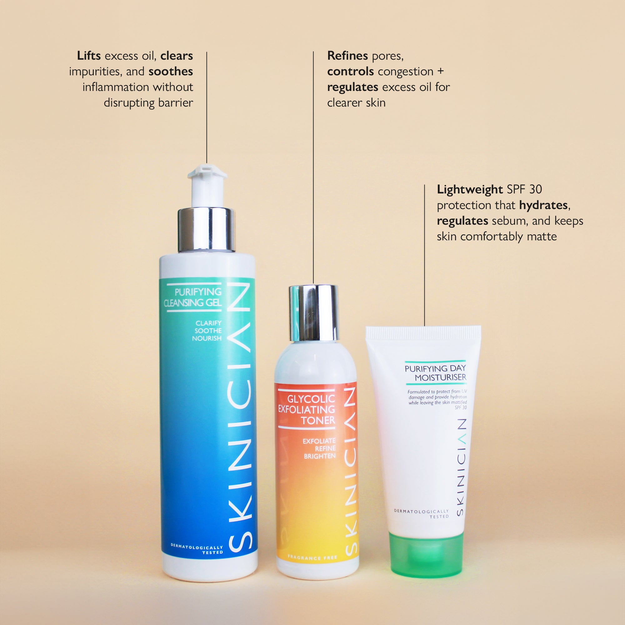 Image of the products contained in the Balance and Detox set on a beige background with text highlighting each product's key benefits.
The text reads:
Purifying Cleansing Gel - Lifts excess oil, clears impurities and soothes inflammation
Glycolic Toner - Refines pores, controls congestion and regulates excess oil
Purifying Day Moisturiser - Lightweight SPF 30 protection that hydrates, regulates sebum and keeps skin comfortably matte