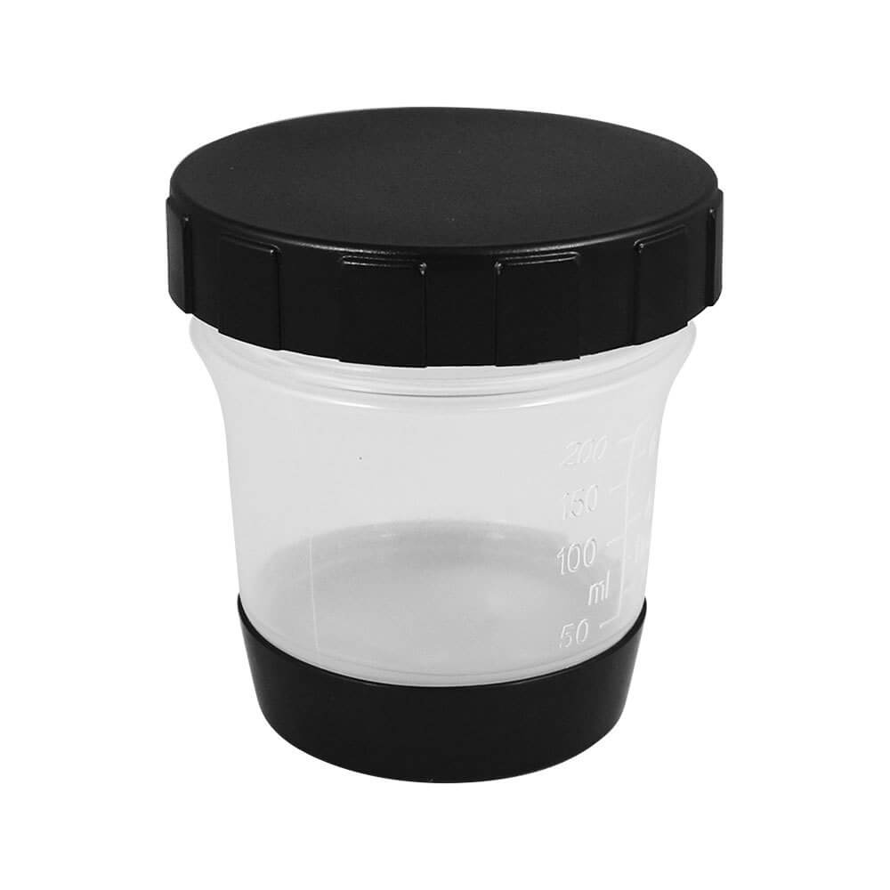 Clear solution cup with black cover on a white background