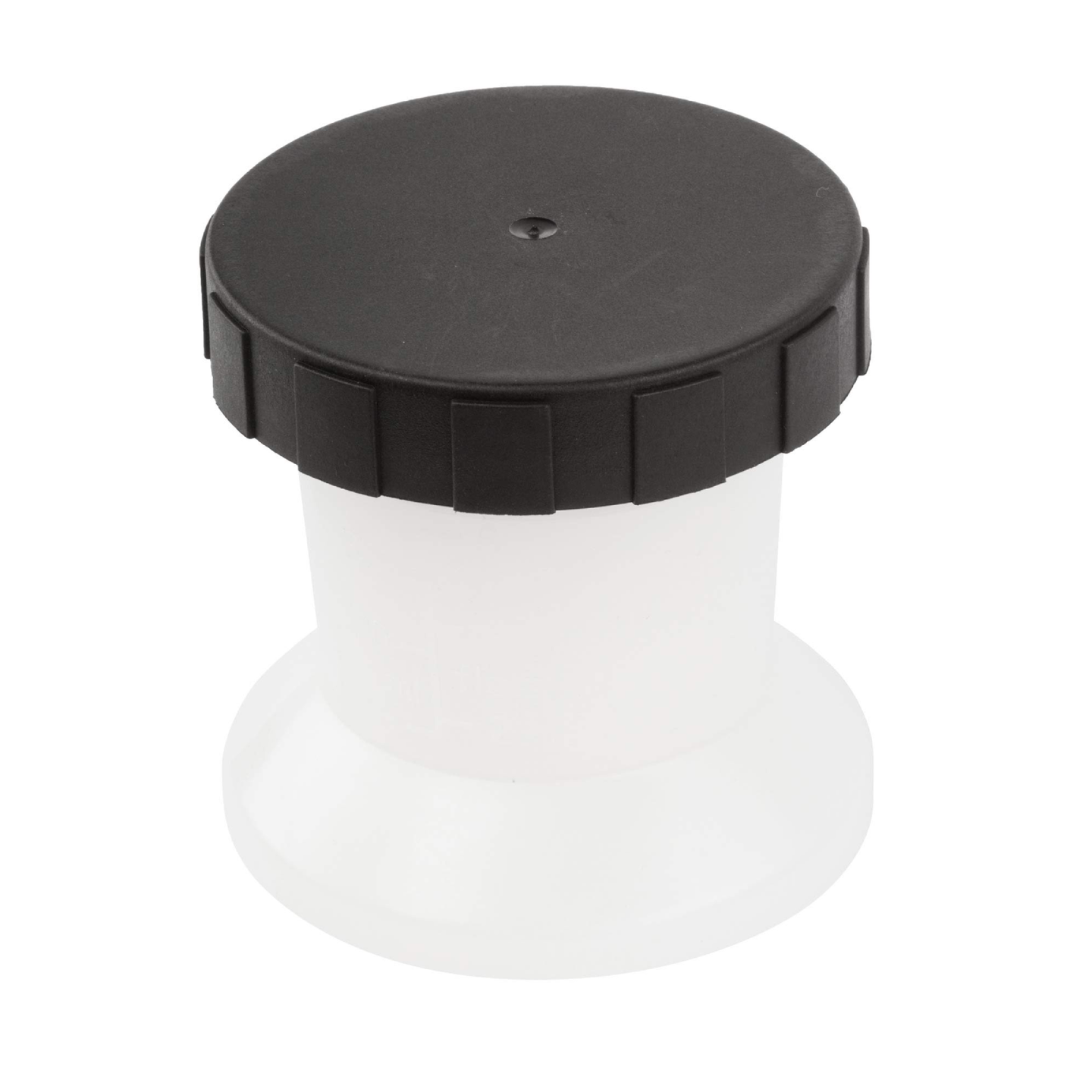 Clear solution cup with black cover on a white background