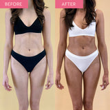 Before and after image of a woman's body. The before image shows pale skin and the after image shows a natural, dark tan as a result of using the He-Shi Dark Tanning Milk