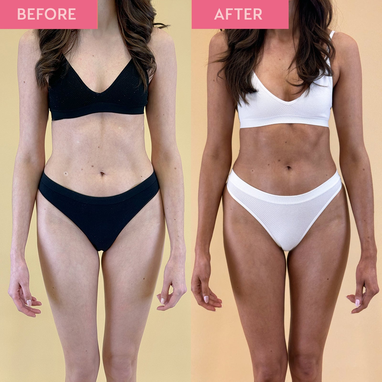 Before and after image of a woman's body. The before image shows pale skin and the after image shows a natural, dark tan as a result of using the He-Shi Dark Tanning Milk