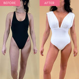 Before and after comparison of a woman wearing black and white swimsuits on a beige background. The image shows a golden tan in the after photo