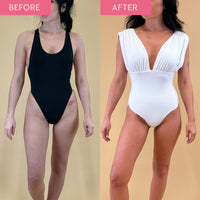 Before and after comparison of a woman wearing black and white swimsuits on a beige background. The image shows a golden tan in the after photo