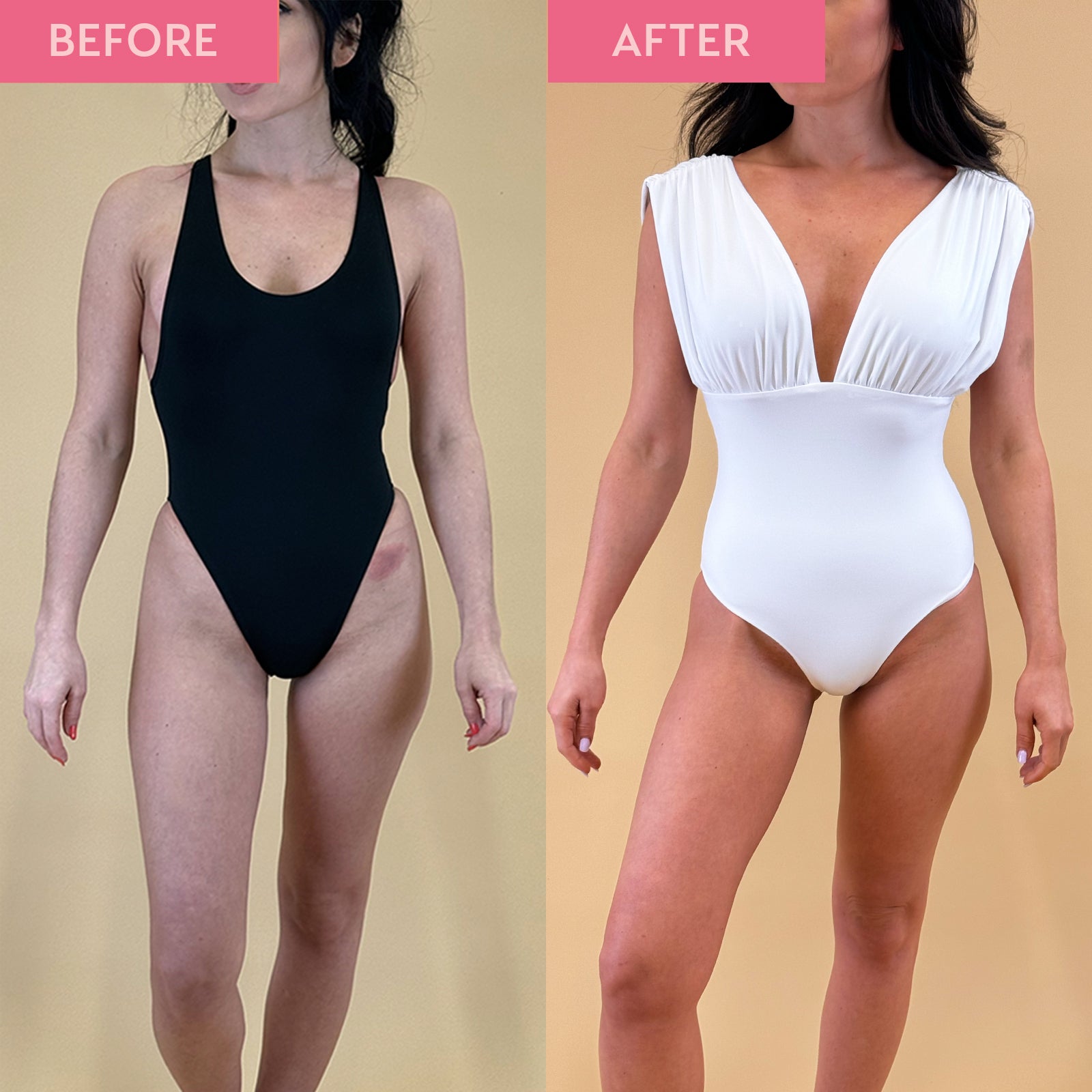 Before and after comparison of a woman wearing black and white swimsuits on a beige background. The image shows a golden tan in the after photo