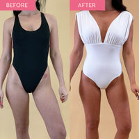 Before and after comparison of a woman wearing black and white swimsuits on a beige background. The image shows a golden tan in the after photo