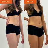 Before and after image of woman in black underwear showing a natural, dark tan after Dark Day to Day Gradual Tan application