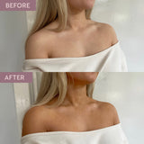 Before and after comparison of a woman wearing an off-shoulder white top.