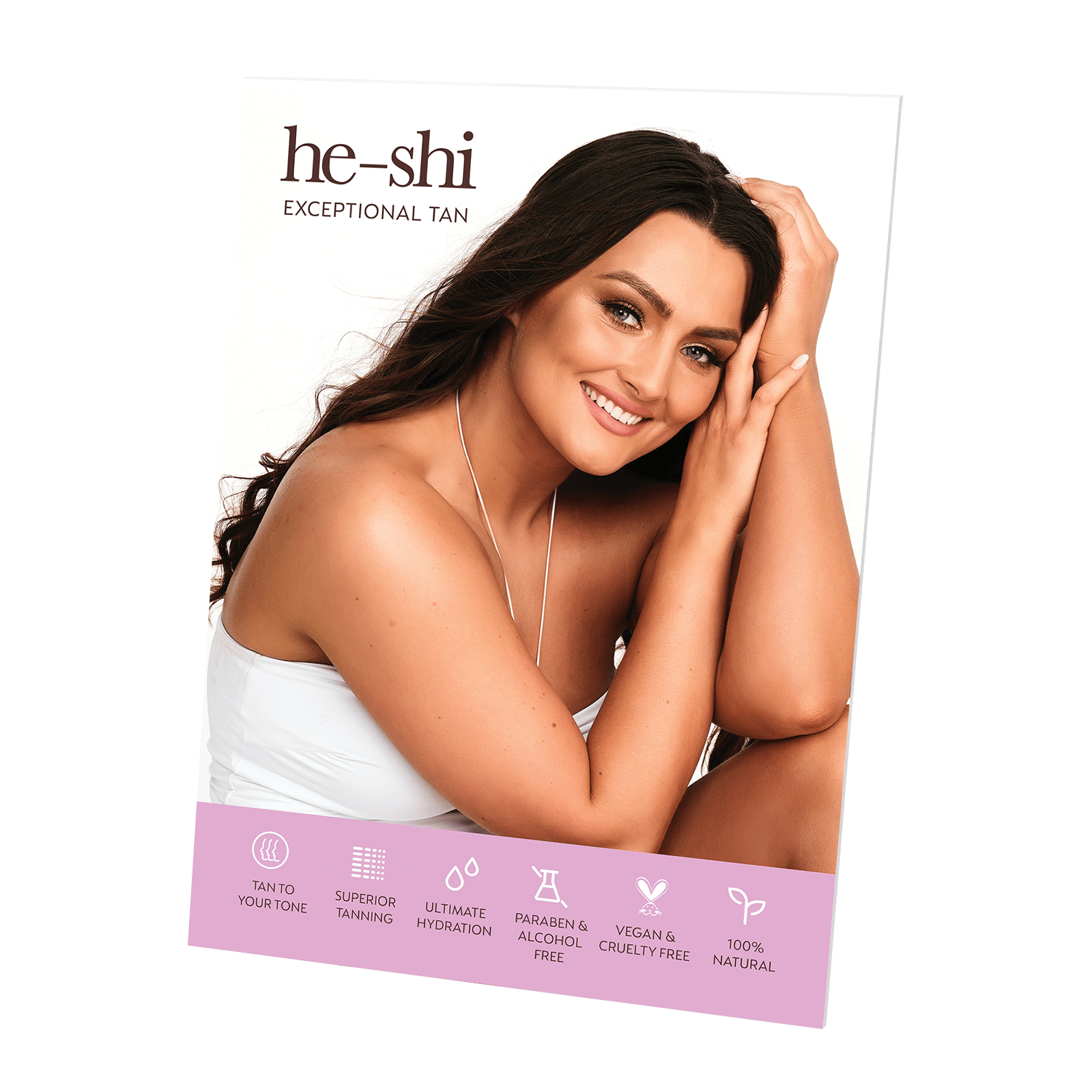 Woman with a tan and product USPs on a 'he-shi' A2 strut 