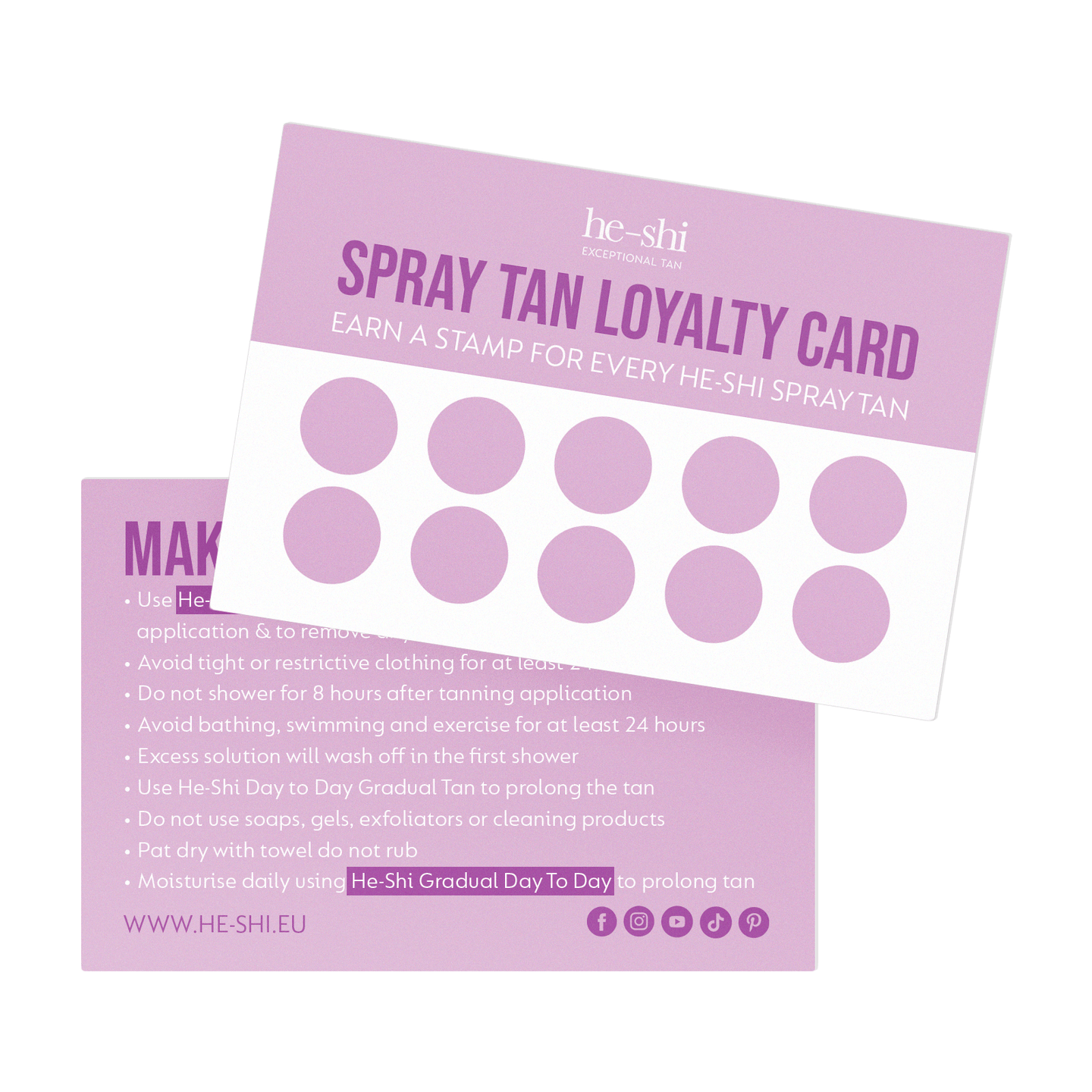 He-Shi Spray Tan Loyalty Card with stamp tracker on a white background