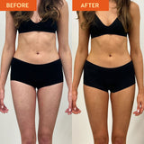Before and after image of woman in black underwear showing a natural, dark tan after Dark Day to Day Gradual Tan application