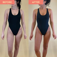 Before and after image of woman in swimsuit. The before image shows pale skin while the after image shows a dark tan after using the Dark Express Liquid Tan