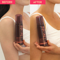Before and after image of a woman's arm when using he-shi's dark foaming mouse