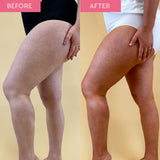 Before and after image of a woman's leg. The before image shows pale skin and the after image shows a natural, dark tan as a result of using the He-Shi Dark Tanning Milk