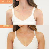 before and after image of woman's shoulder area. The before shows pale skin while the after shows a natural, light tan after using he-shi day to day gradual tanner