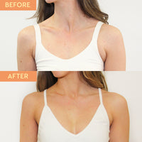 before and after image of woman's shoulder area. The before shows pale skin while the after shows a natural, light tan after using he-shi day to day gradual tanner