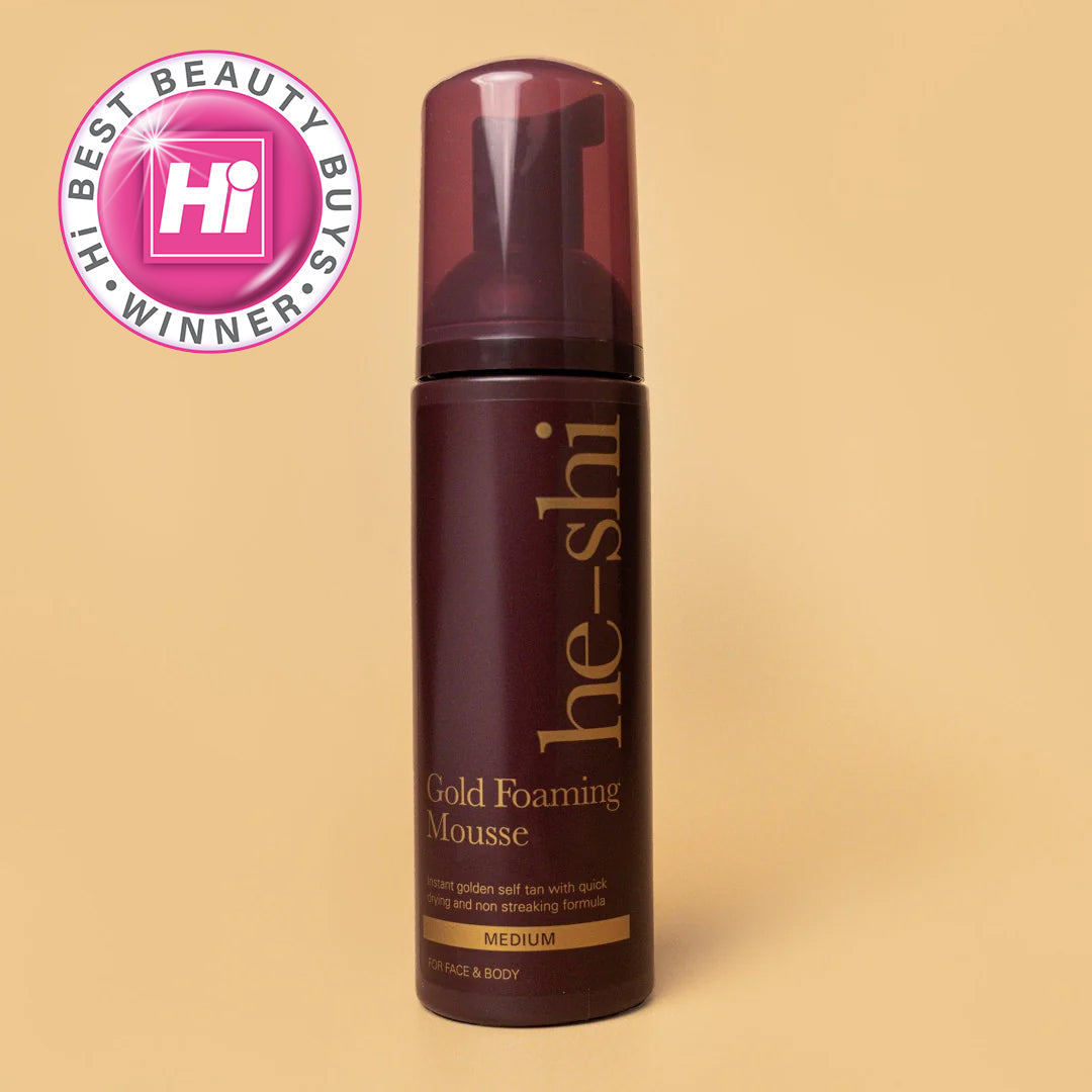 He-shi Gold Foaming Mousse bottle with 'Hi! Best Beauty Buy' award on a beige background
