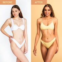 Before and after image of model. The before image shows pale skin whilst the after image shows a natural, medium tan following application of He-shi Gold Foaming Mousse