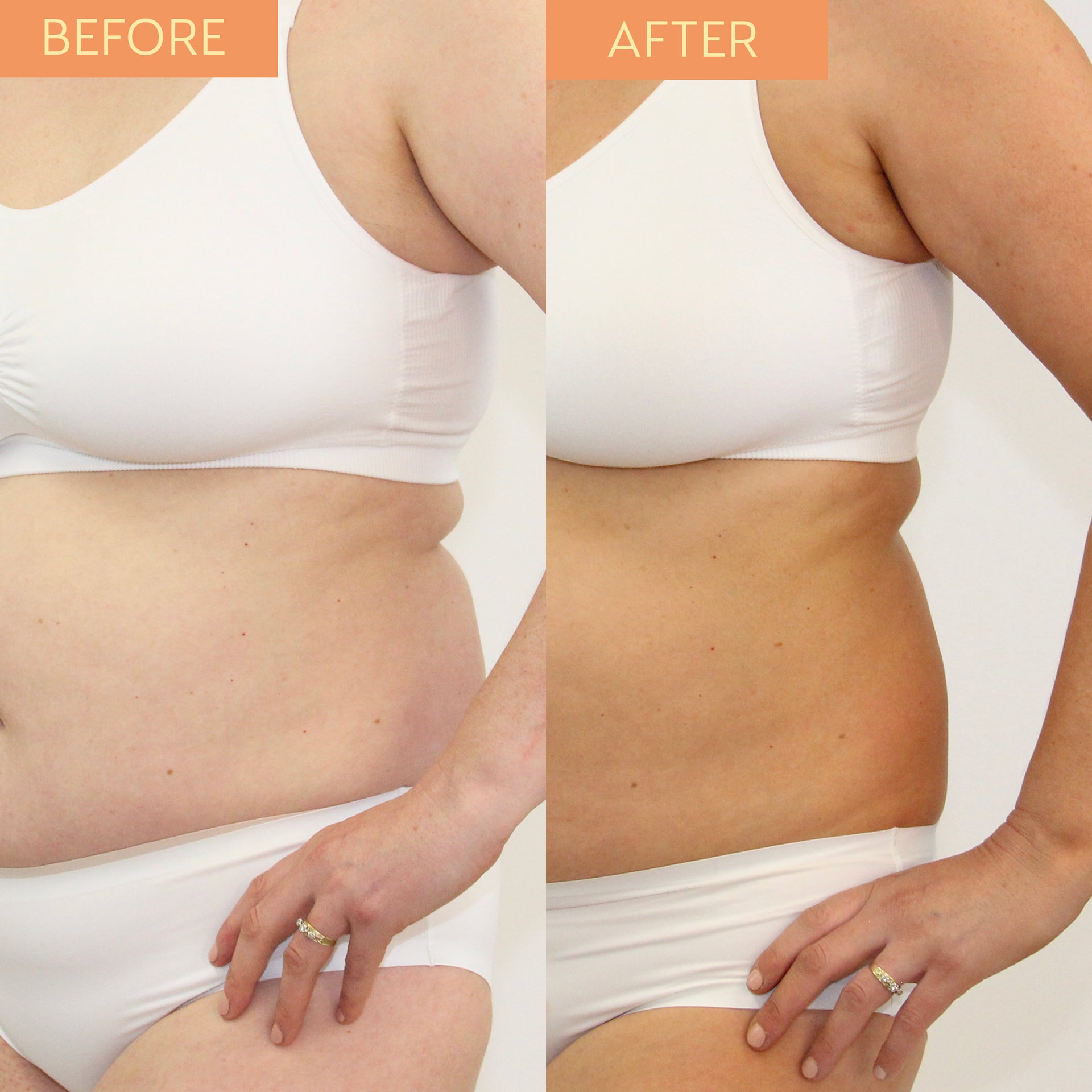 Before and after image of woman's torso. The before image shows pale skin whilst the after image shows a natural, medium tan following application of He-shi Gold Foaming Mousse