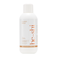 White spray tan bottle labeled 'he-shi Classic Gold' on a white background