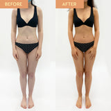 Before and after comparison of a person wearing a black bikini with white polka dots on a white background.