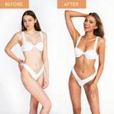 Before and after comparison of a woman wearing a white bikini against a plain background.