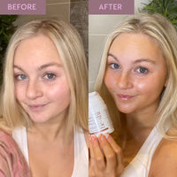 Before and after comparison of a woman holding the Overnight Hyaluronic Tan Balm