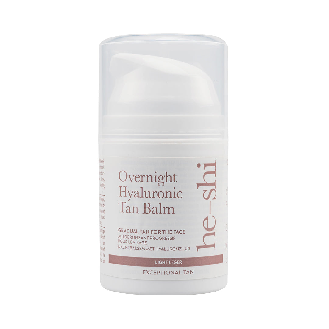 He-Shi Overnight Hyaluronic Tan Balm container on a white background