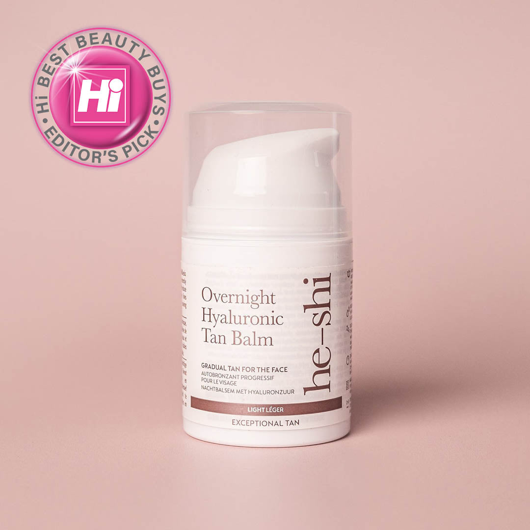 He-shi Overnight Hyaluronic Tan Balm on a pink background with 'Hi! Best Beauty Buys' editor's pick badge.