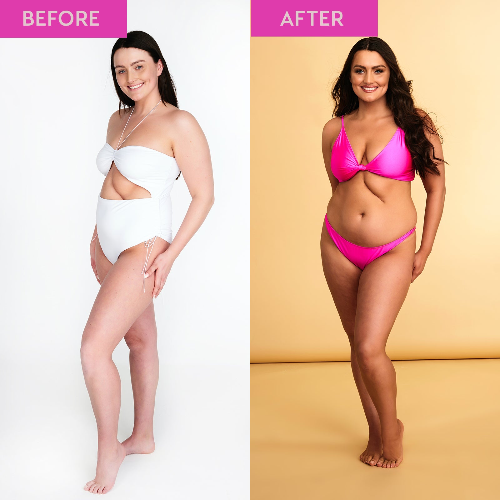 Before and after comparison of a woman in swimsuits on a plain background