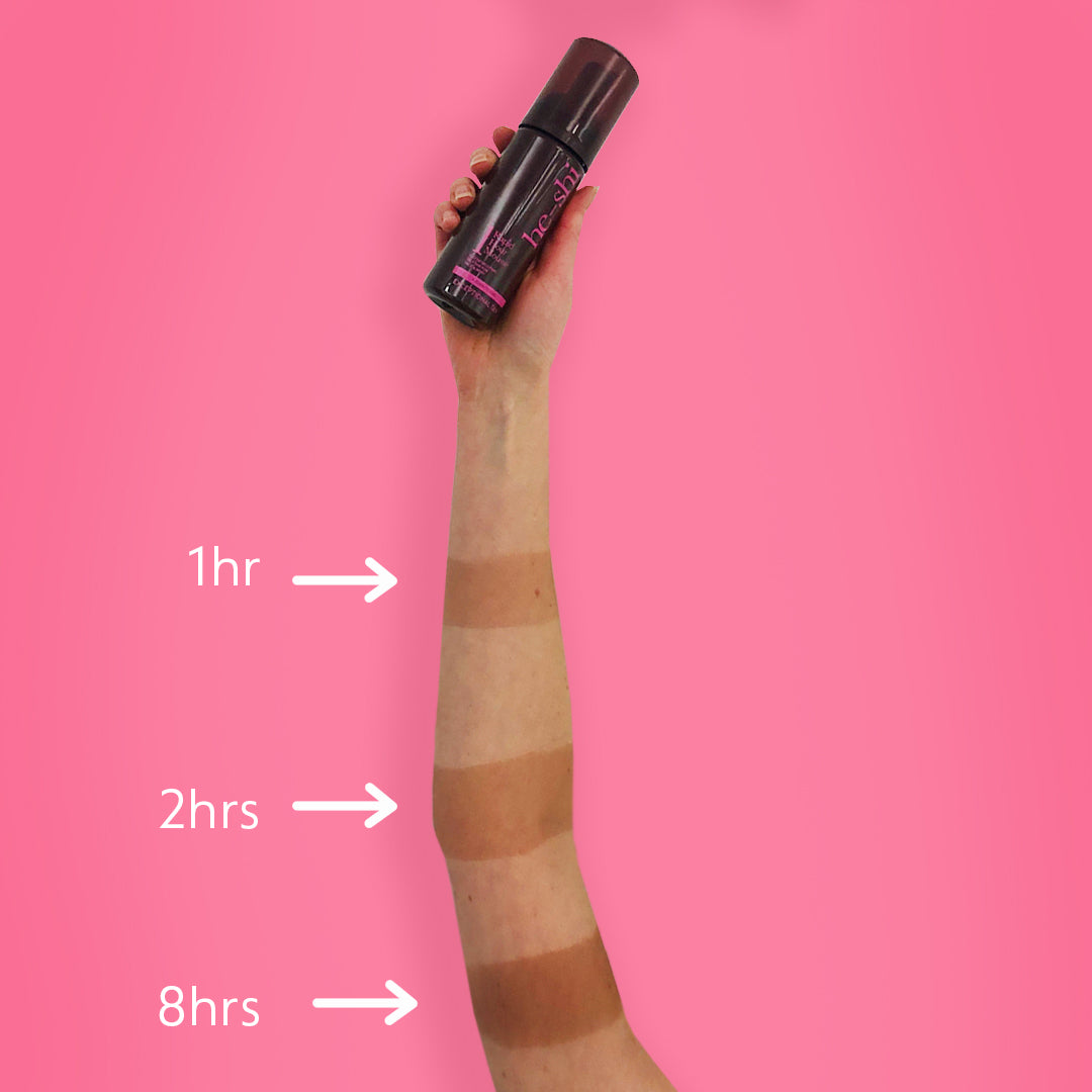 Hand holding a bottle of He-Shi Rapid 1 Hour Mousse with arm showing application over time on a pink background