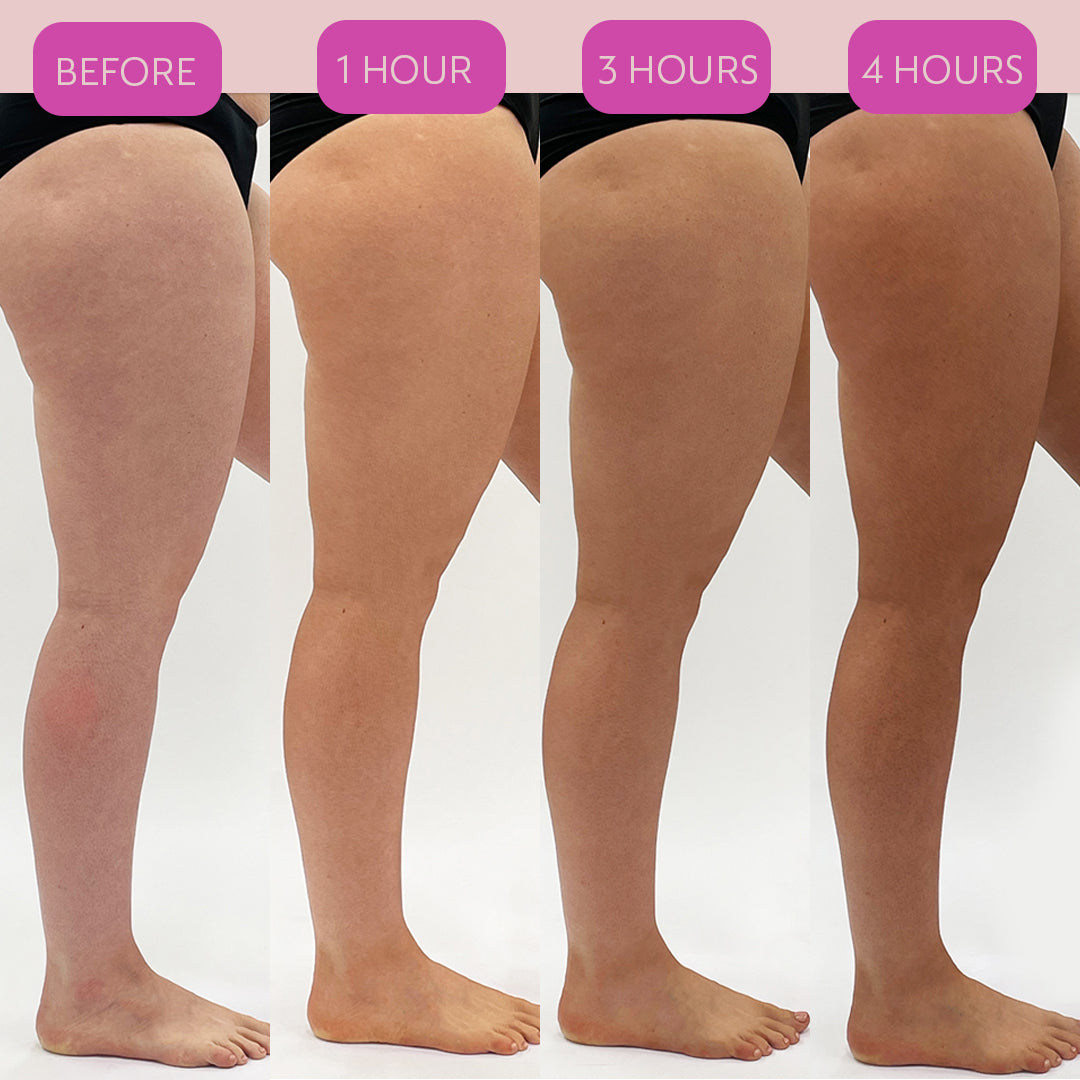 Before and after comparison of legs with 'Before' and '1 Hour', '3 Hours', '4 Hours' to show how the He-Shi Rapid 1 Hour Spray Tan develops over time