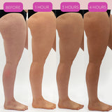 Before and after comparison of legs with 'Before' and '1 Hour', '3 Hours', '4 Hours' to show how the He-Shi Rapid 1 Hour Spray Tan develops over time