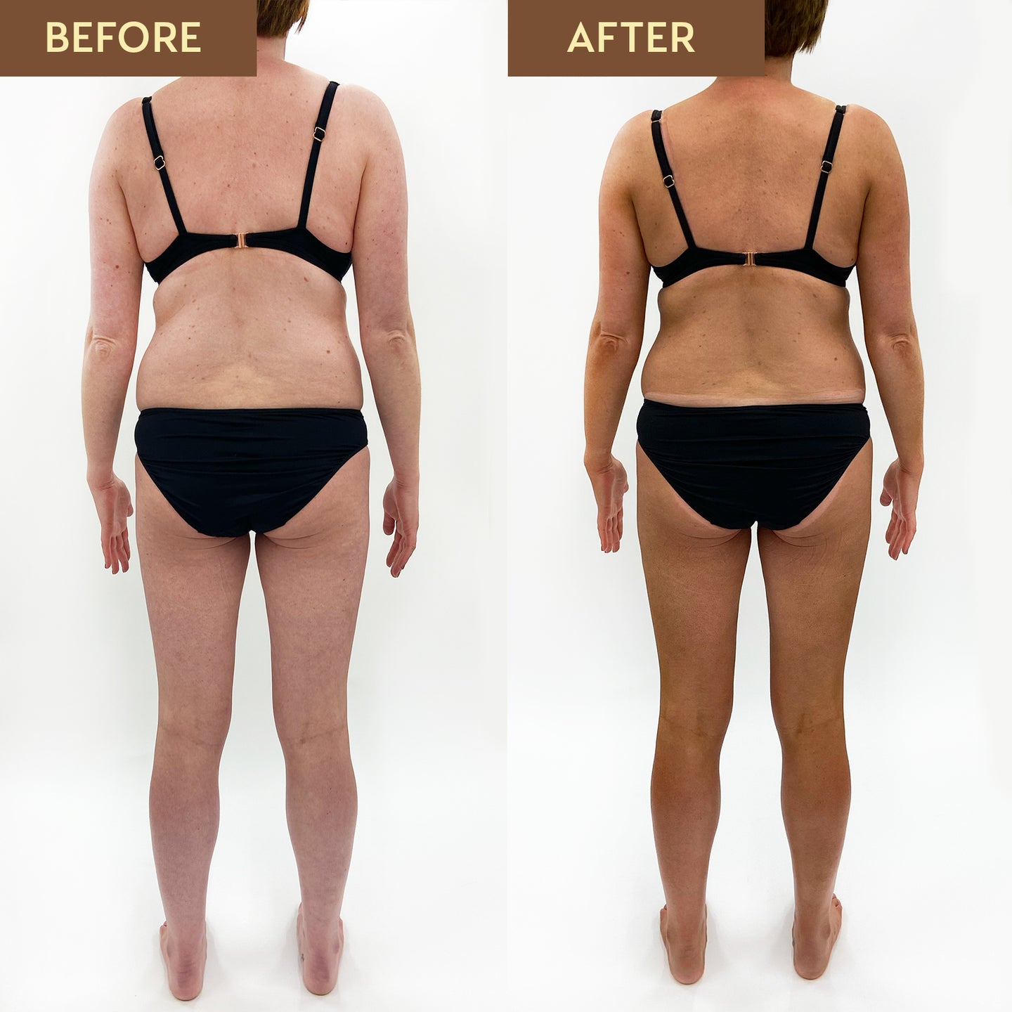 Before and after comparison of a person wearing black underwear on a white background
