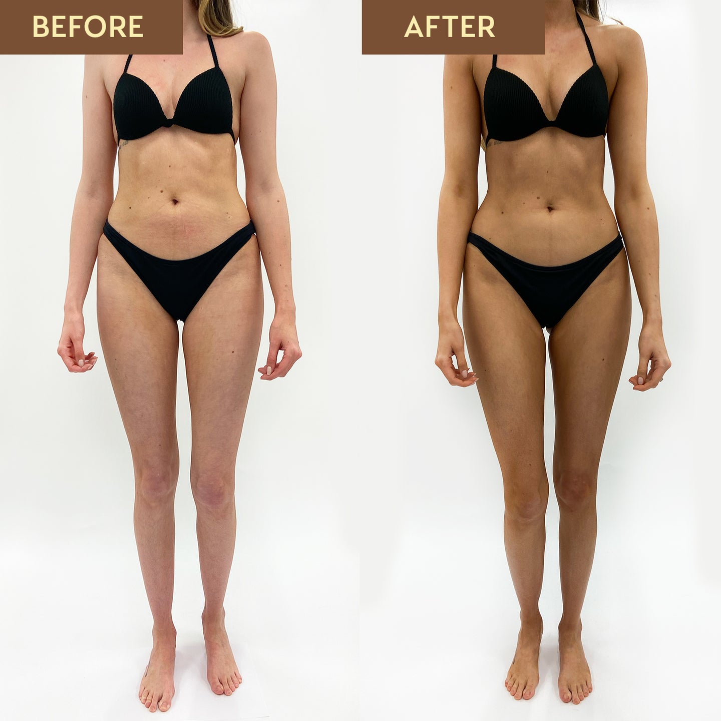 Before and after comparison of a person wearing a black bikini on a white background.