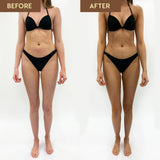 Before and after comparison of a person wearing a black bikini on a white background.