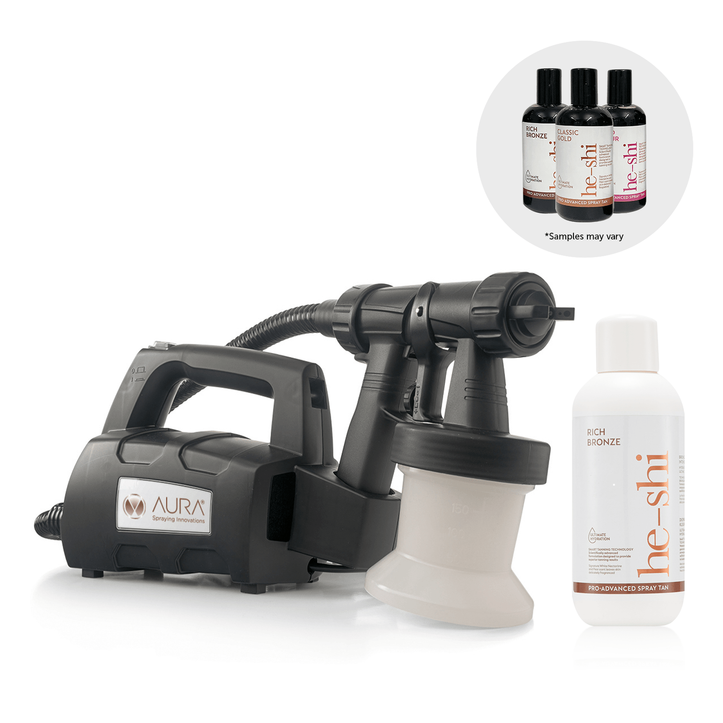 Image of He-Shi Rich Bronze Spray Solution, Elite Spray Tan Machine and a selection of He-Shi Spray samples. Beside the samples reads the text "*samples may vary"