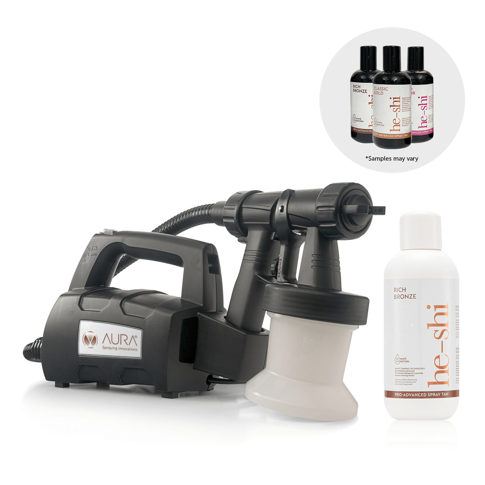 Image of He-Shi Rich Bronze Spray Solution, Elite Spray Tan Machine and a selection of He-Shi Spray samples. Beside the samples reads the text "*samples may vary"