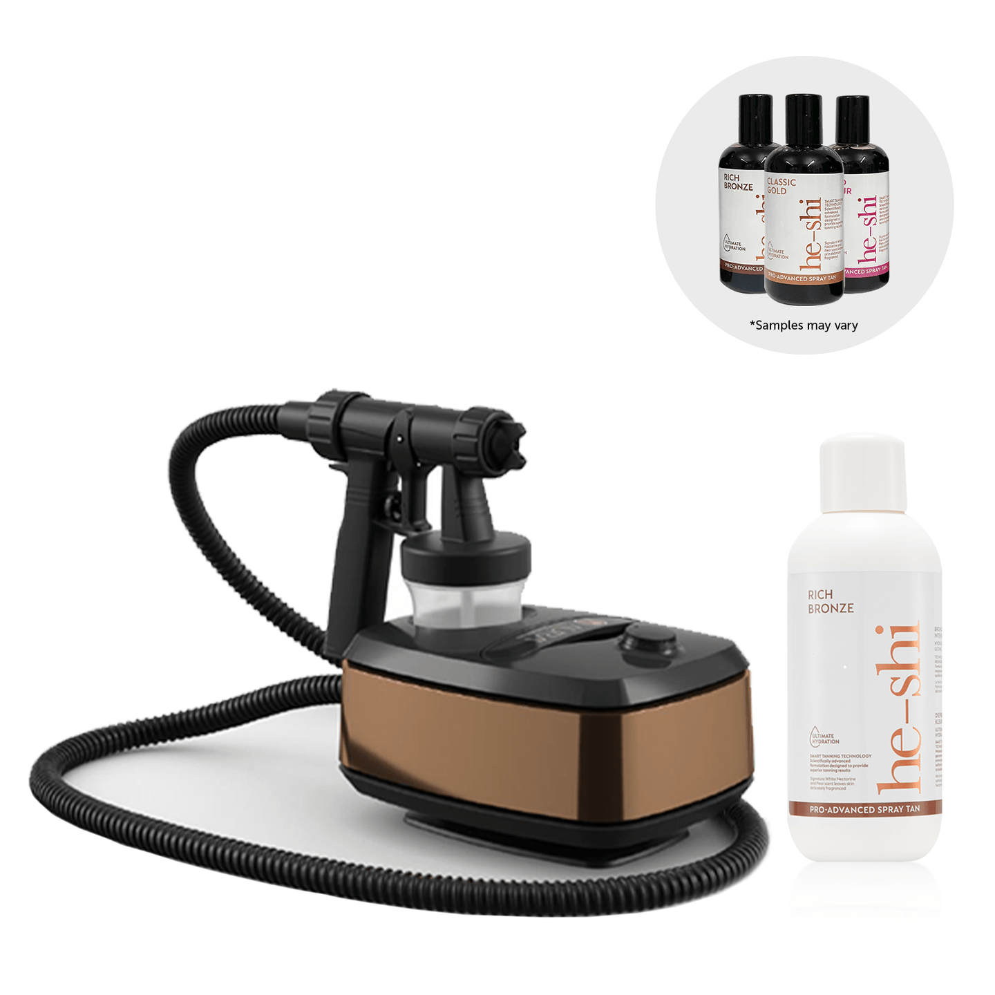 Image of He-Shi Rich Bronze Spray Solution, Allure Spray Tan Machine and a selection of He-Shi Spray samples. Beside the samples reads the text "*samples may vary"