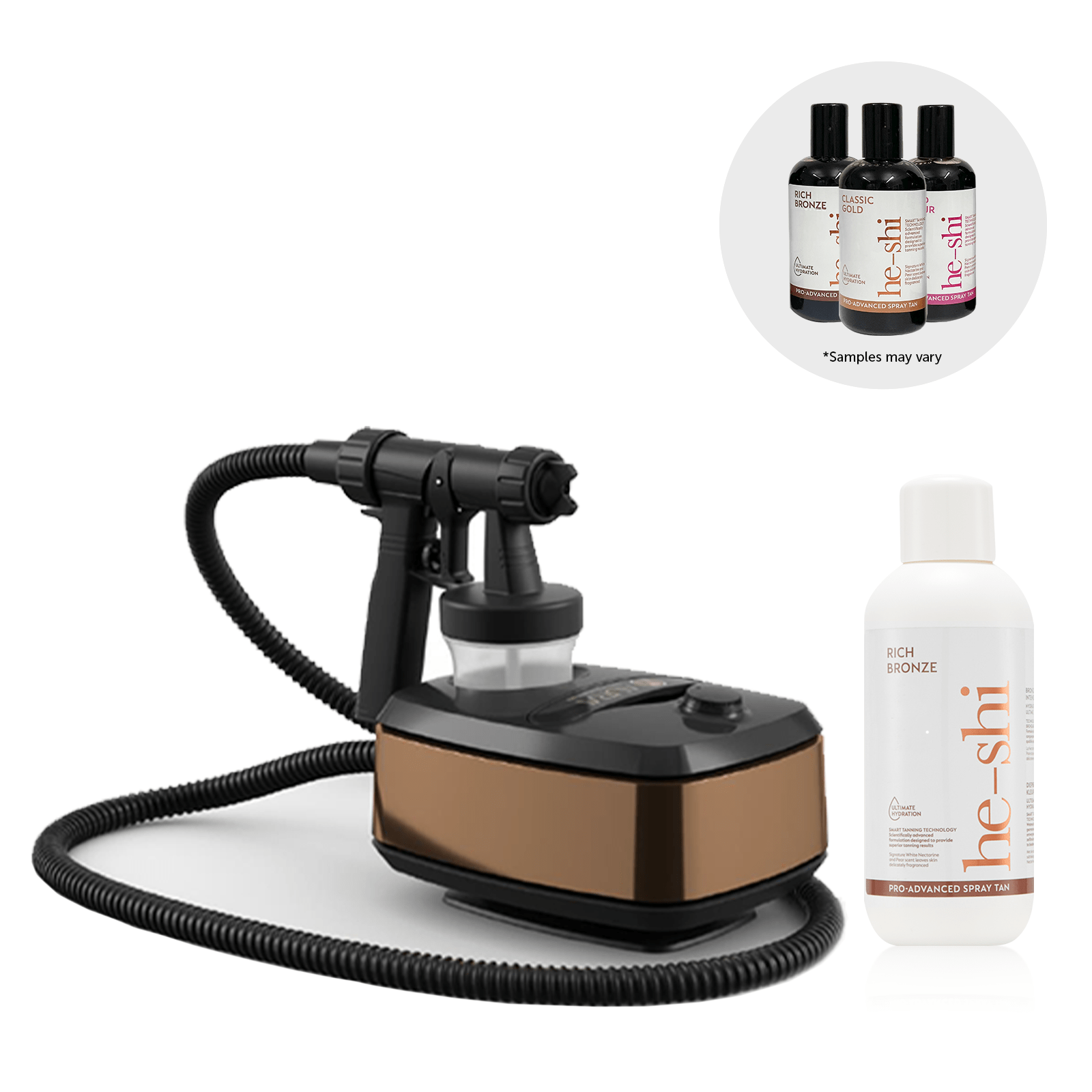 Image of He-Shi Rich Bronze Spray Solution, Allure Spray Tan Machine and a selection of He-Shi Spray samples. Beside the samples reads the text "*samples may vary"