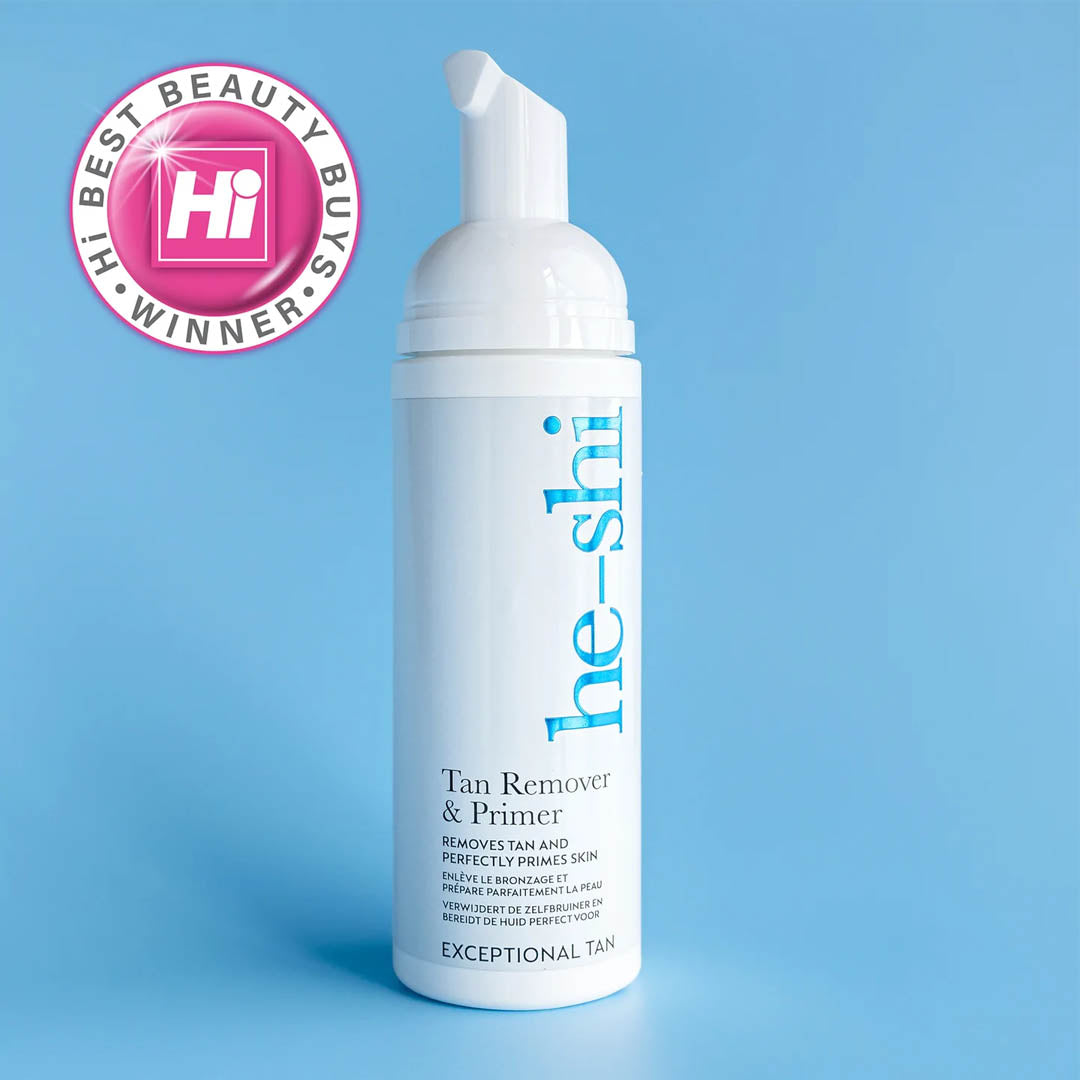 White bottle of he-shi Tan Remover & Primer with a blue background and 'Hi!' Best Beauty Buy Winner badge.
