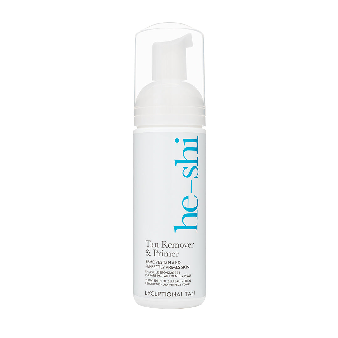 Tan remover and primer bottle with 'he-shi' branding on a white background