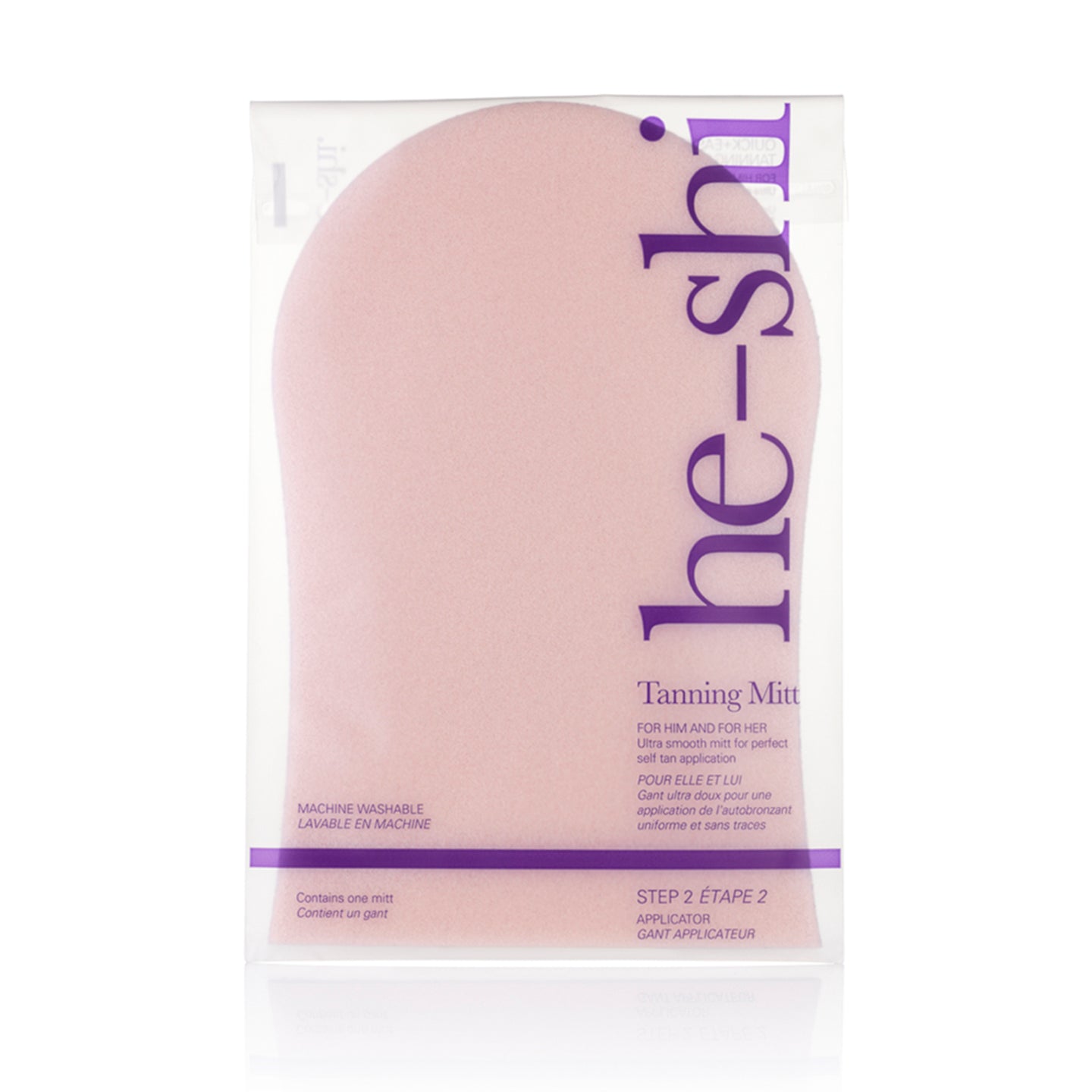 Pink tanning mitt with 'he-shi' branding on a white background