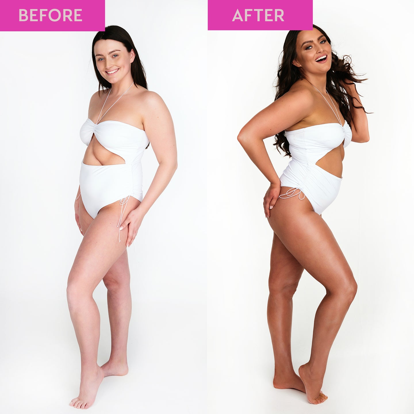 Before and after comparison of a woman wearing a white swimsuit on a plain background.
