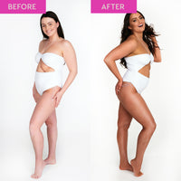 Before and after comparison of a woman wearing a white swimsuit on a plain background.