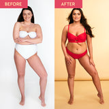 Before and after image of a model in a swimsuit. The before image shows pale skin and the after image shows a natural, dark tan as a result of using the He-Shi Dark Foaming Mousse.