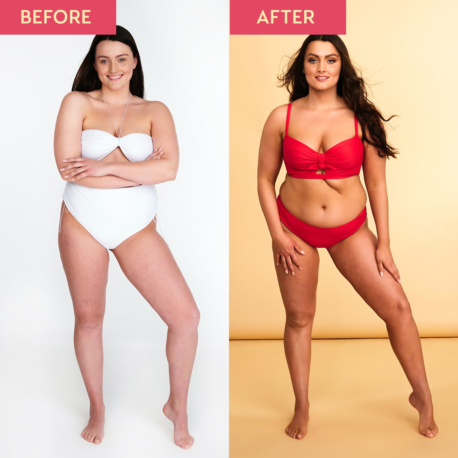Before and after image of a model in a swimsuit. The before image shows pale skin and the after image shows a natural, dark tan as a result of using the He-Shi Dark Foaming Mousse.