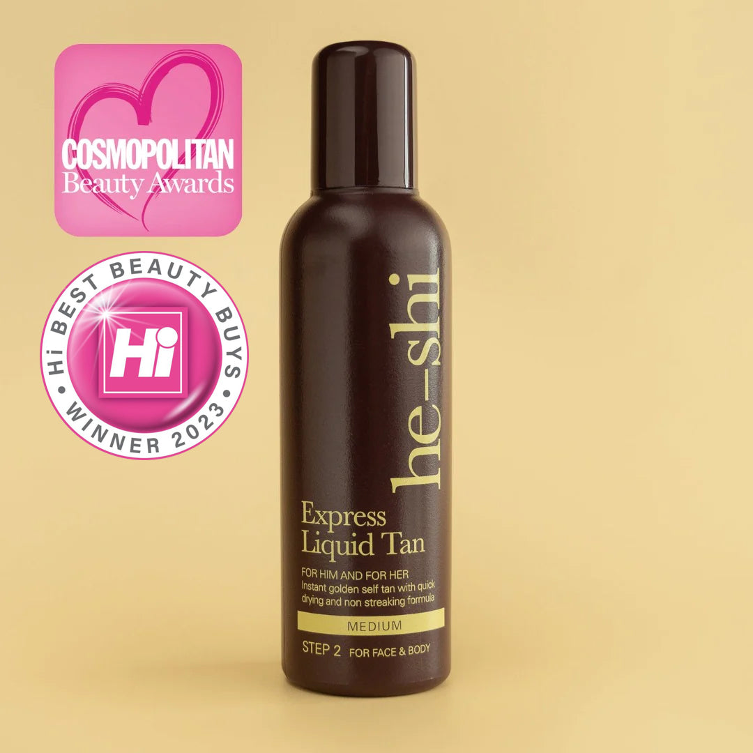 He-shi Express Liquid Tan bottle with Cosmopolitan Beauty Awards and Hi! Best Beauty Buys logos on a beige background